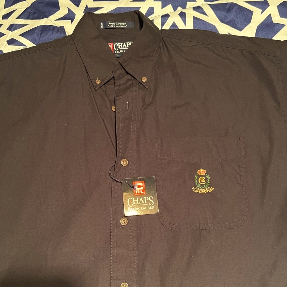 🆕. Ralph Lauren Chaps Black Short Sleeve Button Down Cotton Classic Logo Shirt